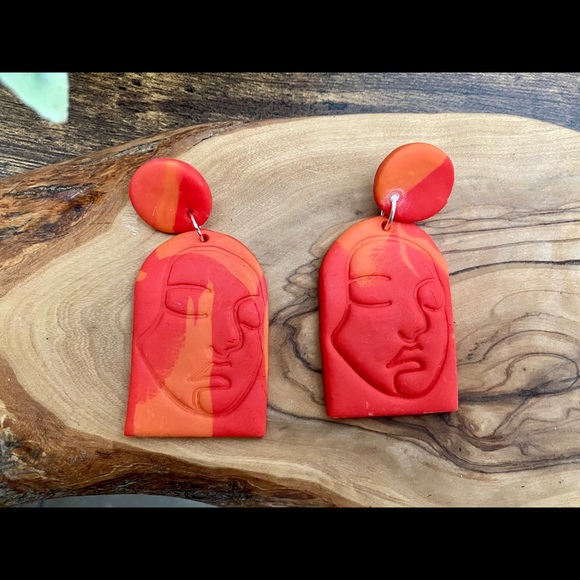 Handmade Abstract Woman’s Face Clay Earrings - Picture 3 of 11